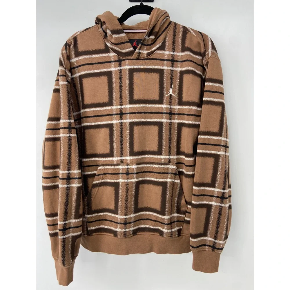 Jordan Hoodie Mens Medium Brown Plaid Essentials Fleece Jumpman Basketball